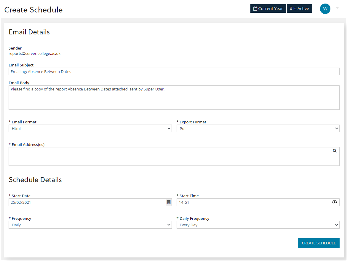 Create Schedule screen